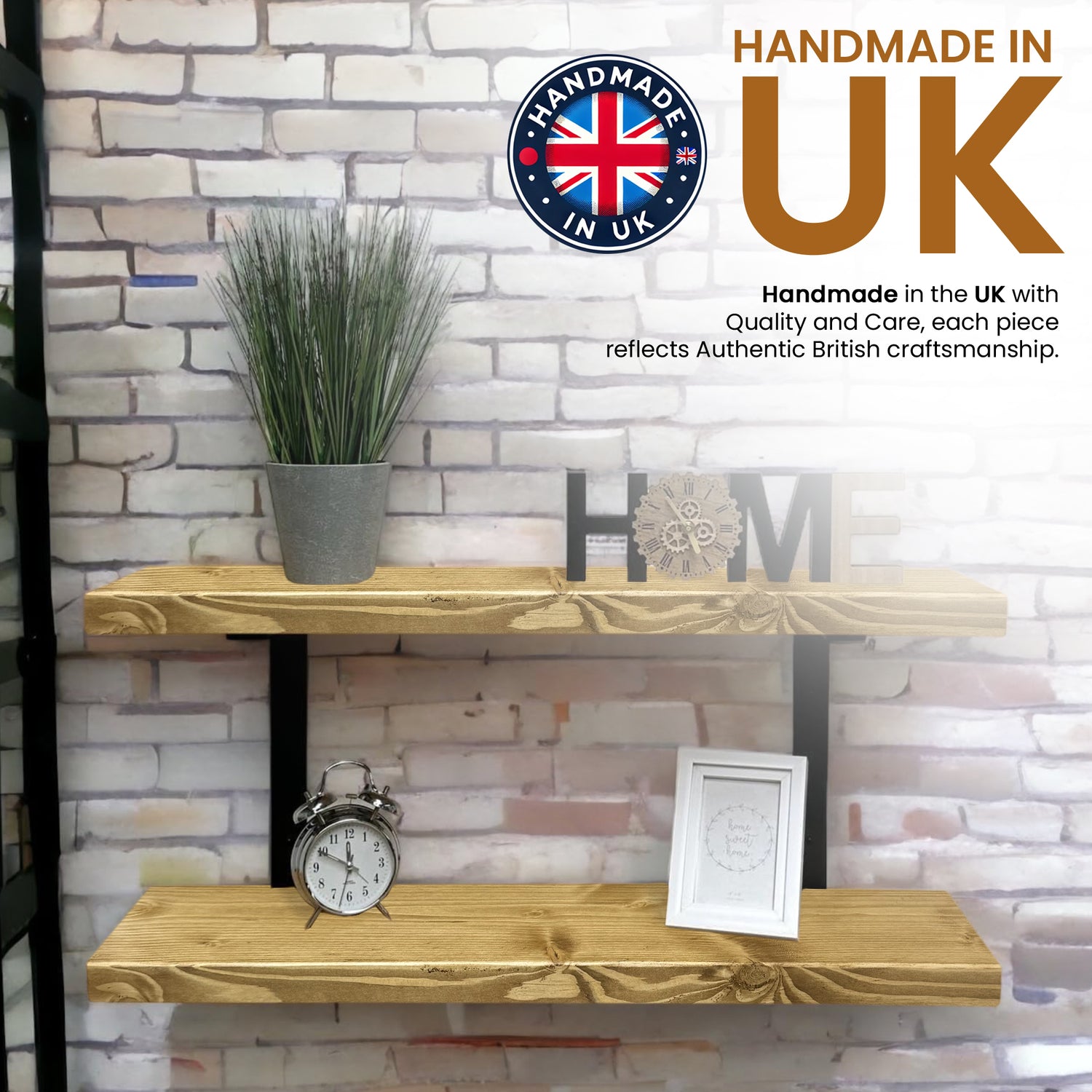 Set of 2 Rustic Shelves | Wall-Mounted Wooden Board With Double Brackets, 22cm Depth