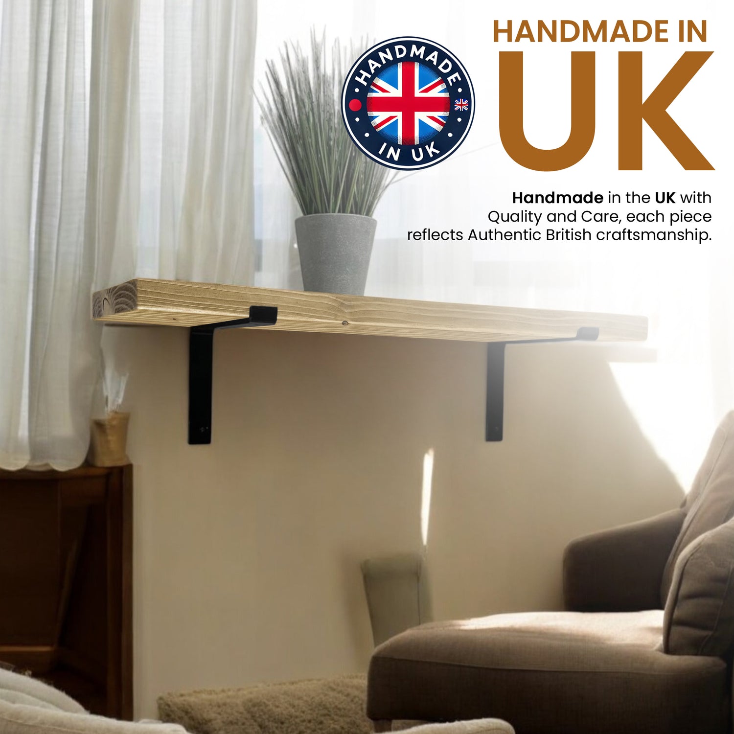 Rustic Shelf | Wall-Mounted Wooden Board With DOWN Brackets, 22cm Depth