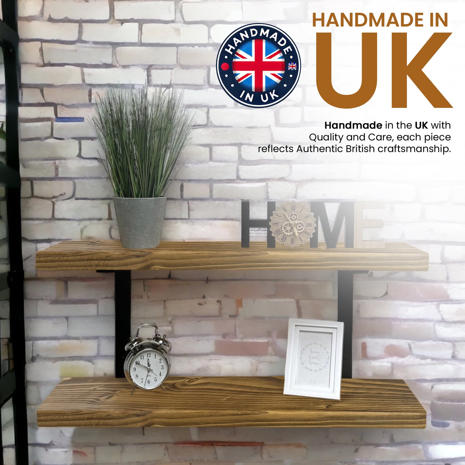 Set of 2 Rustic Shelves | Wall-Mounted Wooden Board With Double Brackets, 22cm Depth