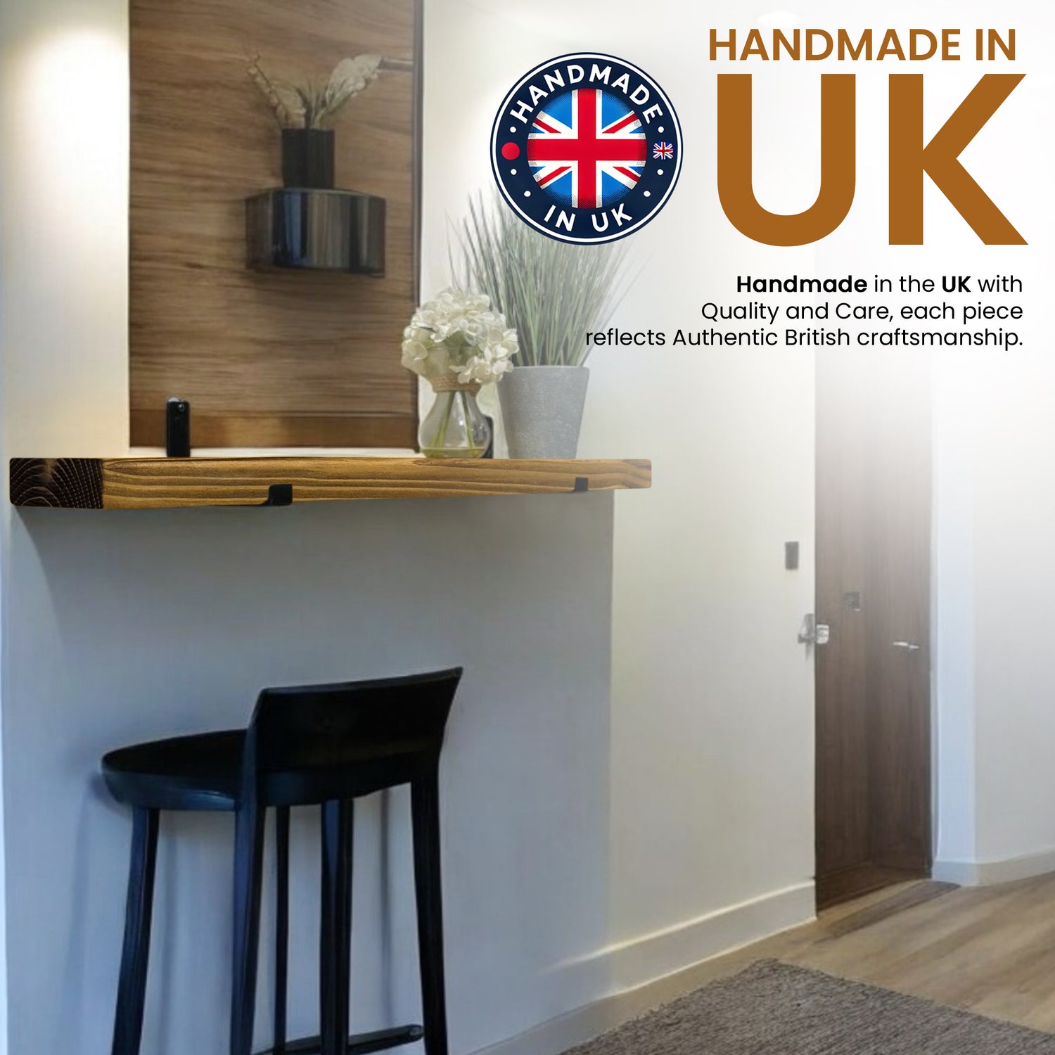 Rustic Shelf | Wall-Mounted Wooden Board With UP Brackets, 15cm Depth