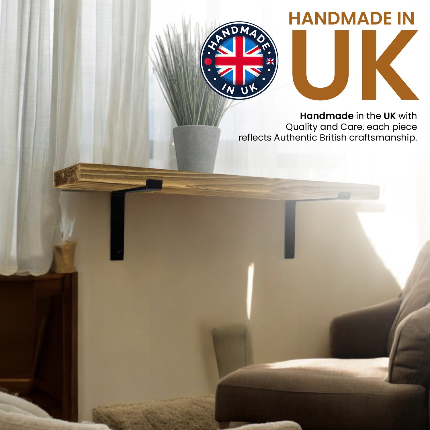 Rustic Shelf | Wall-Mounted Wooden Board With DOWN Brackets, 22cm Depth