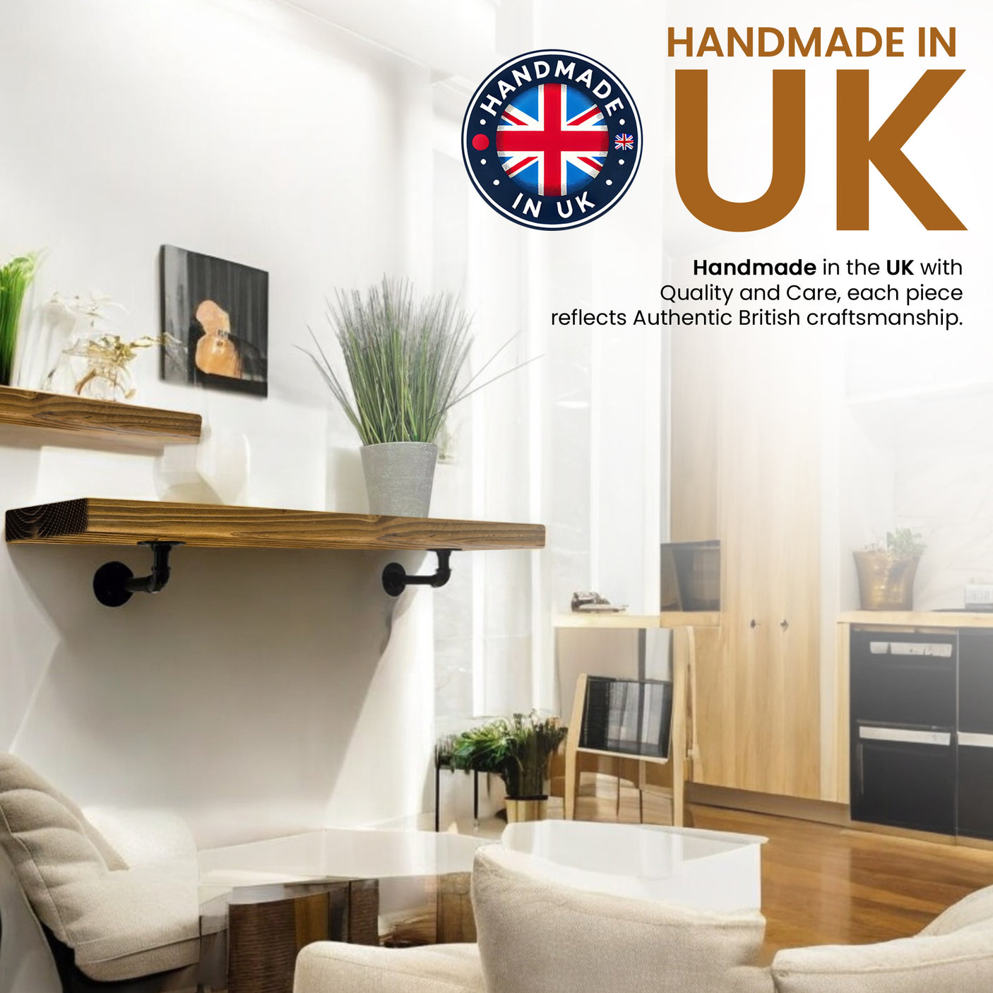 Rustic Shelf | Wall-Mounted Wooden Board With PIPE Brackets, 22cm Depth