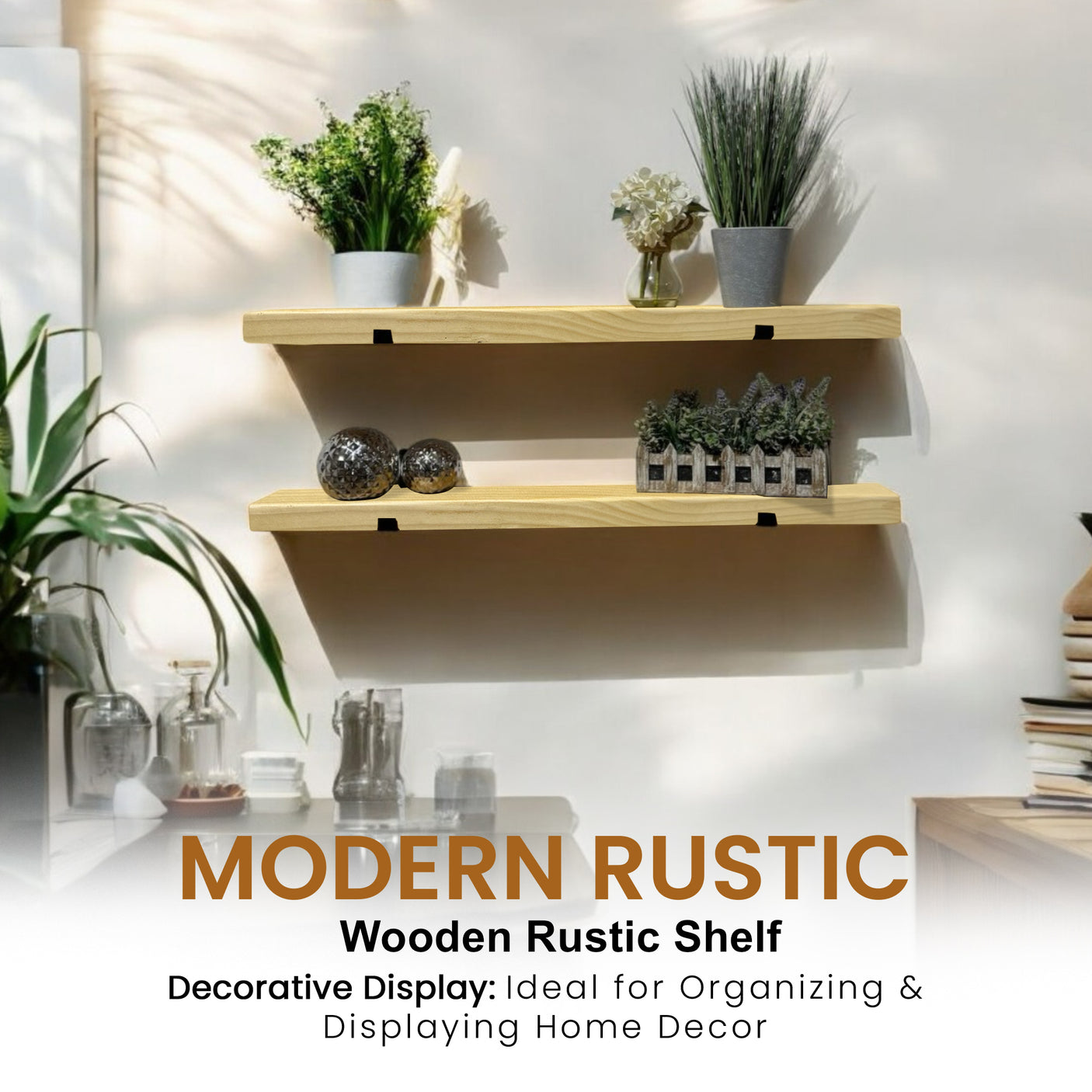 Rustic Shelf | Wall-Mounted Wooden Board With UP Brackets, 15cm Depth