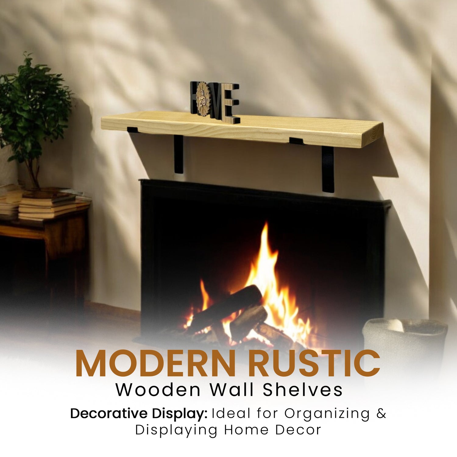 Rustic Shelf | Wall-Mounted Wooden Board With DOWN Brackets, 22cm Depth