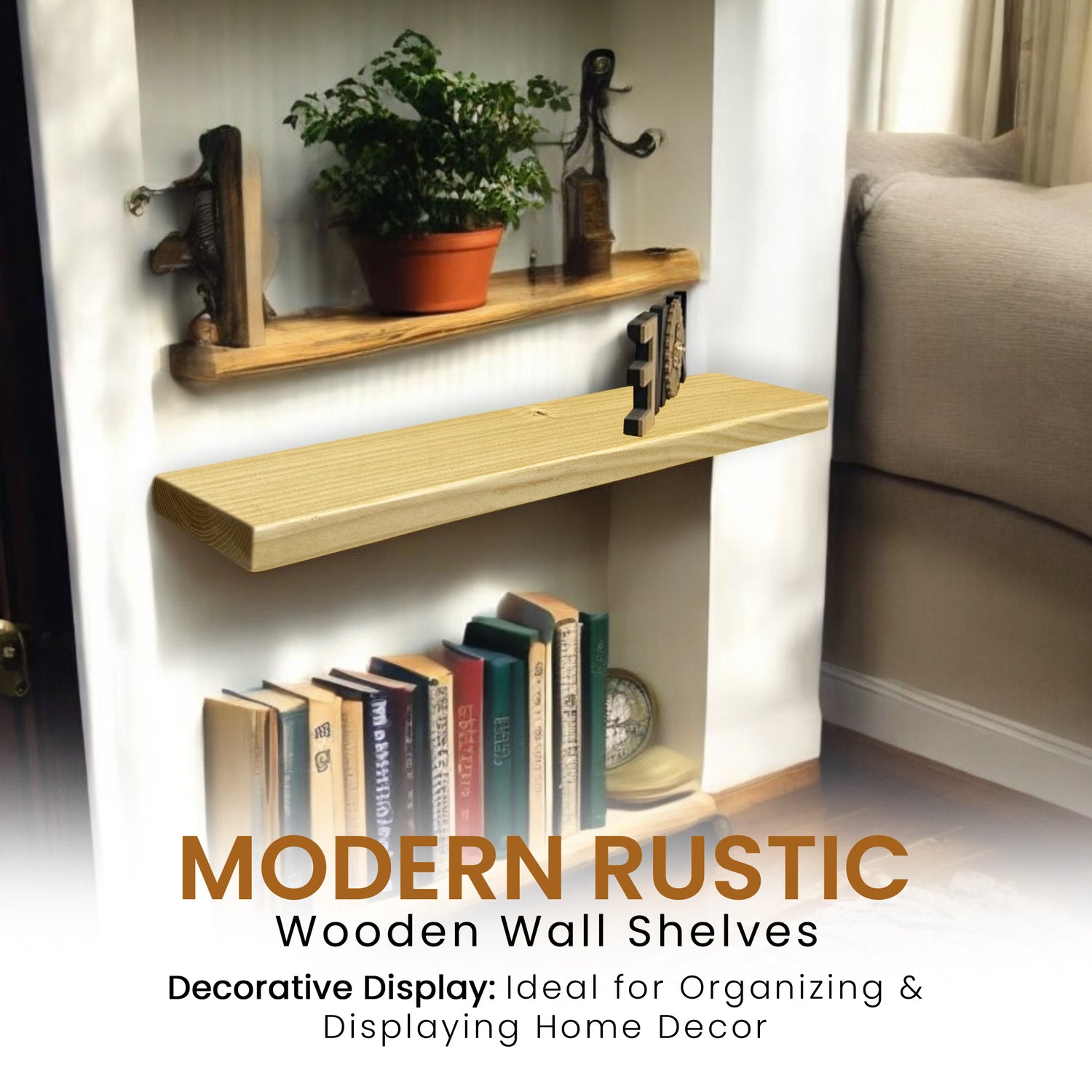 Set of 2 Rustic Shelves | Wall-Mounted Wooden Board With Floating Brackets, 22cm Depth