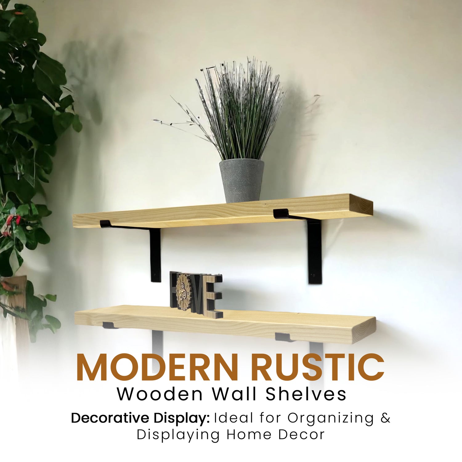 Set of 2 Rustic Shelves | Wall-Mounted Wooden Board With Lipped DOWN Brackets, 22cm Depth