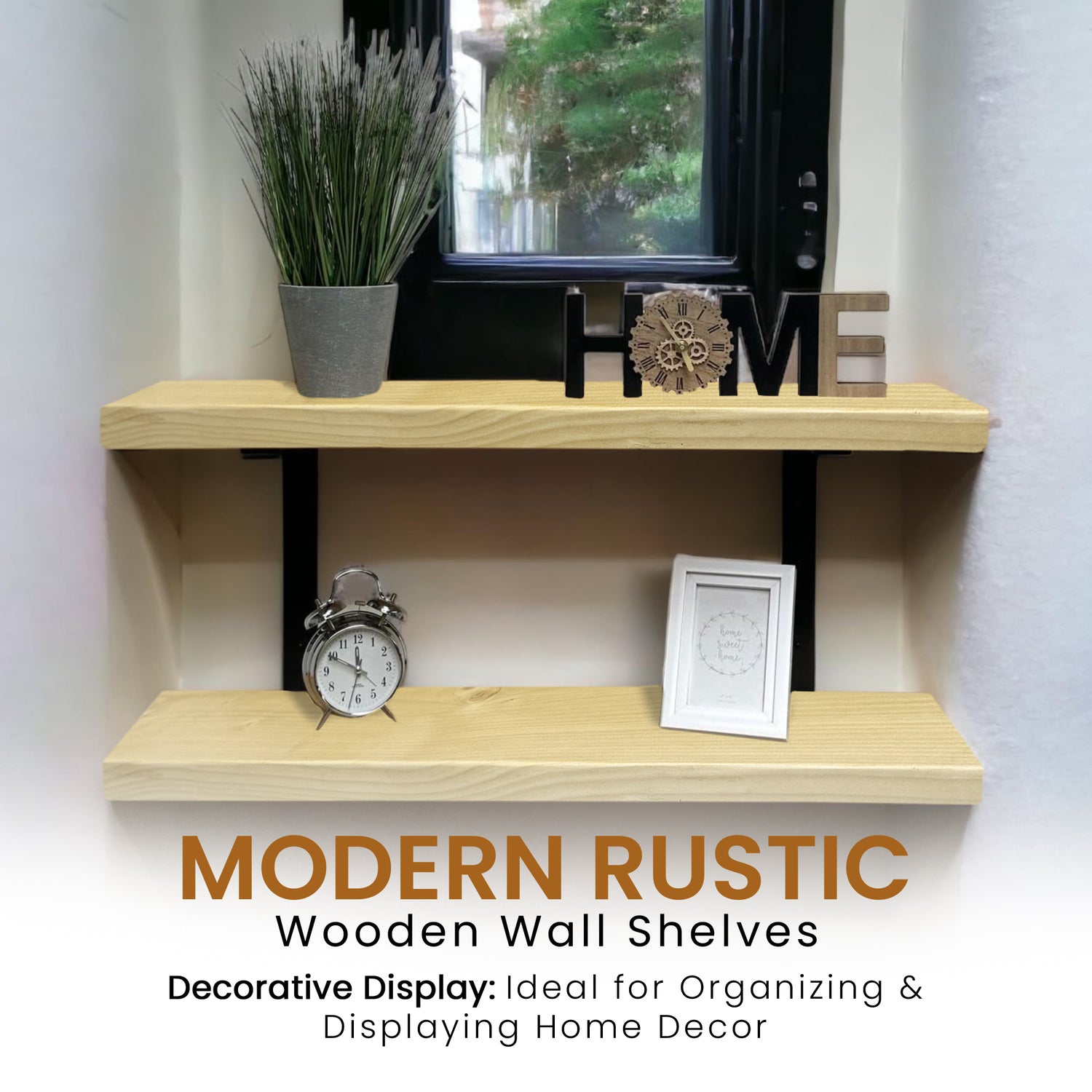 Set of 2 Rustic Shelves | Wall-Mounted Wooden Board With Double Brackets, 22cm Depth