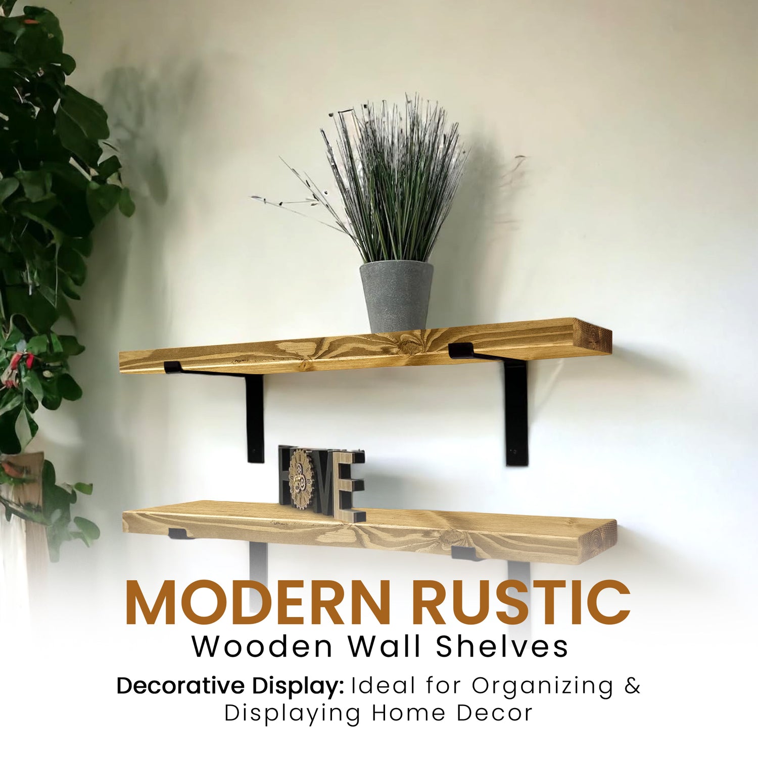 Set of 2 Rustic Shelves | Wall-Mounted Wooden Board With Lipped DOWN Brackets, 22cm Depth