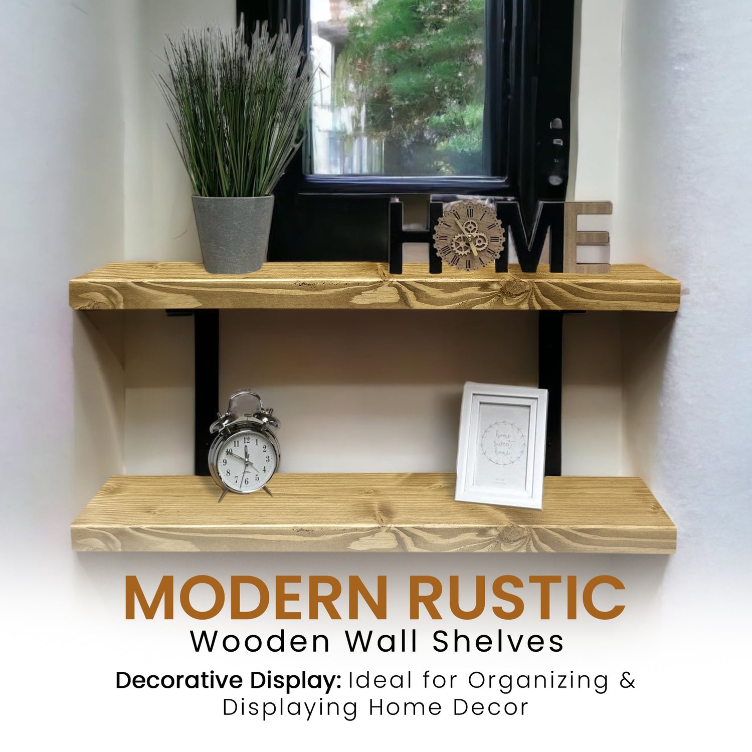 Set of 2 Rustic Shelves | Wall-Mounted Wooden Board With Double Brackets, 22cm Depth