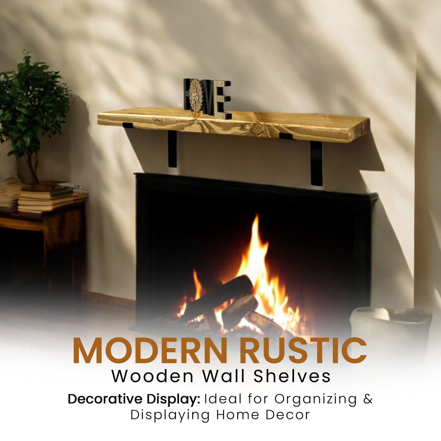 Rustic Shelf | Wall-Mounted Wooden Board With DOWN Brackets, 22cm Depth