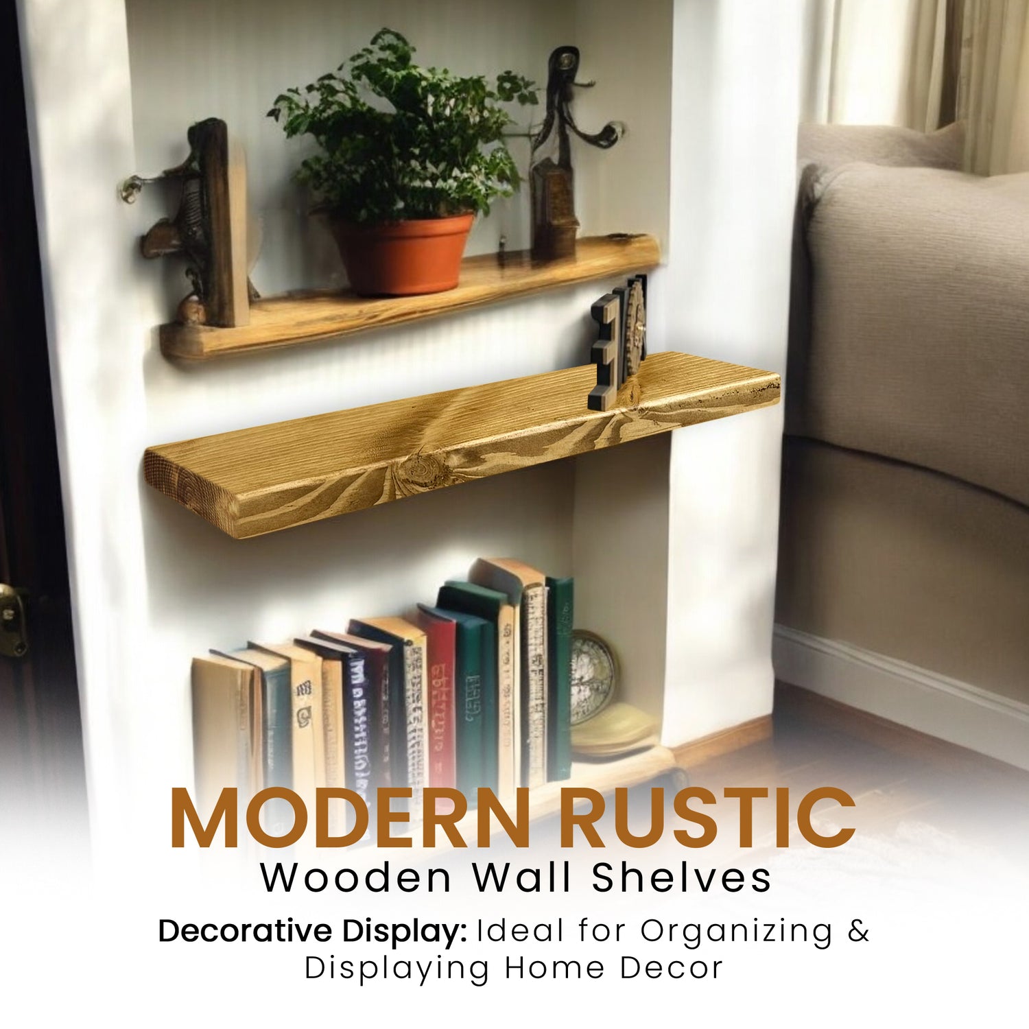 Rustic Shelf | Wall-Mounted Wooden Board With FLOATING Brackets, 22cm Depth