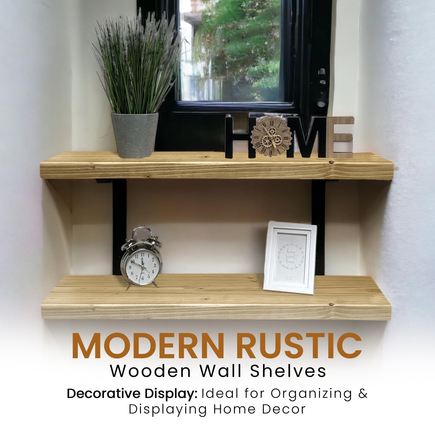 Set of 2 Rustic Shelves | Wall-Mounted Wooden Board With Double Brackets, 22cm Depth