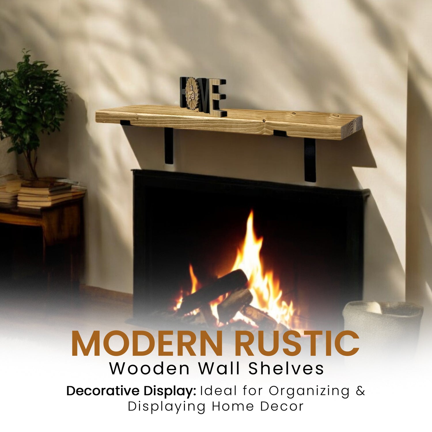 Rustic Shelf | Wall-Mounted Wooden Board With DOWN Brackets, 22cm Depth