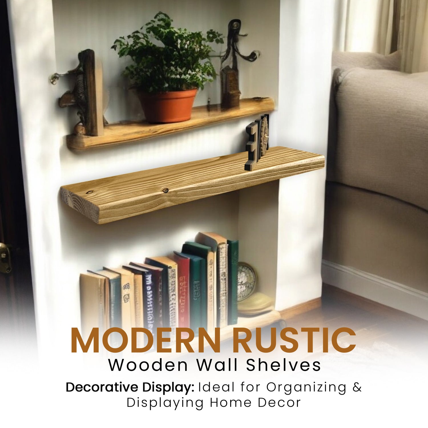 Set of 2 Rustic Shelves | Wall-Mounted Wooden Board With Floating Brackets, 22cm Depth