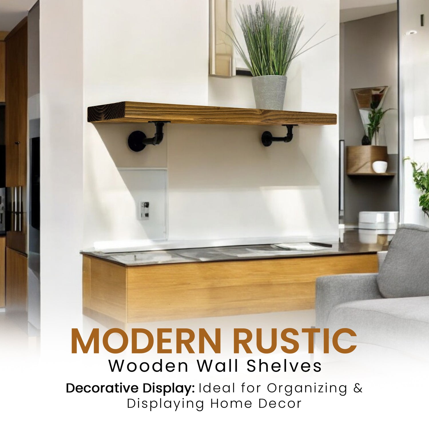 Rustic Shelf | Wall-Mounted Wooden Board With PIPE Brackets, 22cm Depth