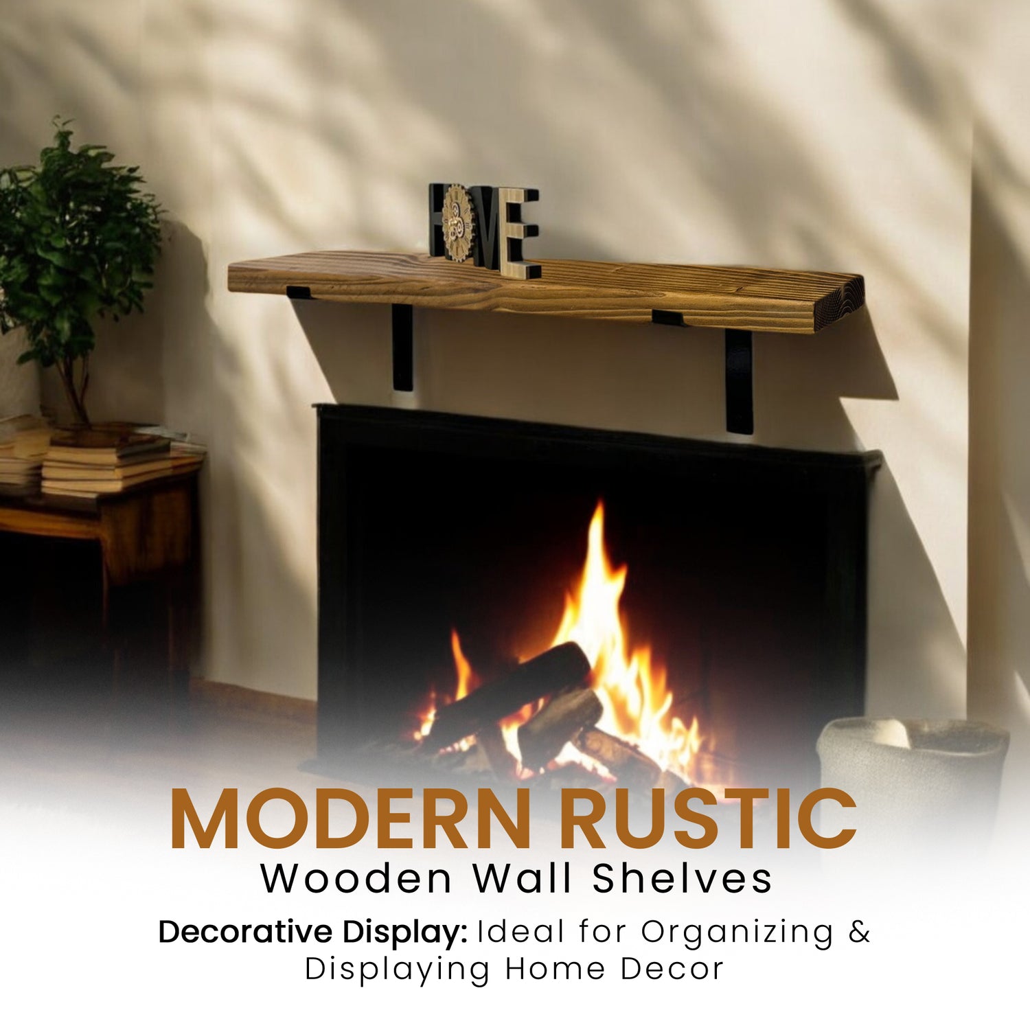 Rustic Shelf | Wall-Mounted Wooden Board With DOWN Brackets, 22cm Depth