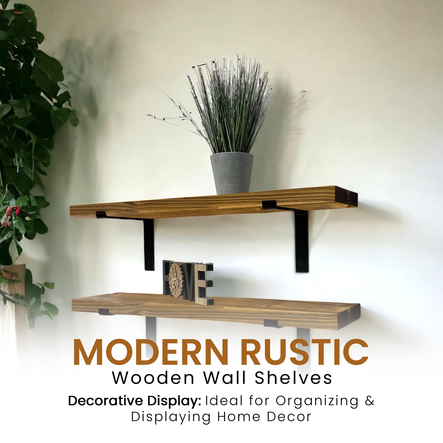 Set of 2 Rustic Shelves | Wall-Mounted Wooden Board With Lipped DOWN Brackets, 22cm Depth