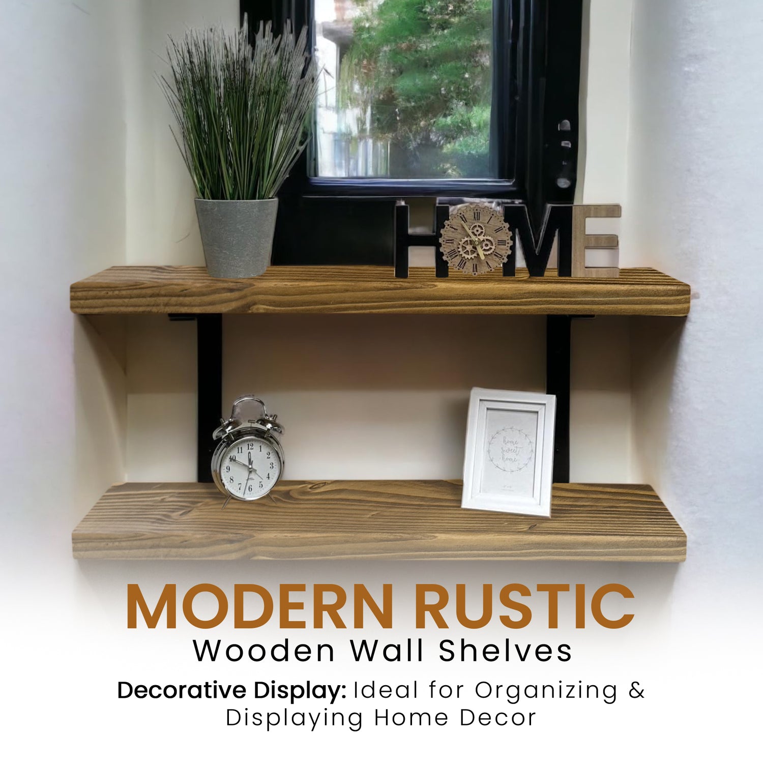 Set of 2 Rustic Shelves | Wall-Mounted Wooden Board With Double Brackets, 22cm Depth