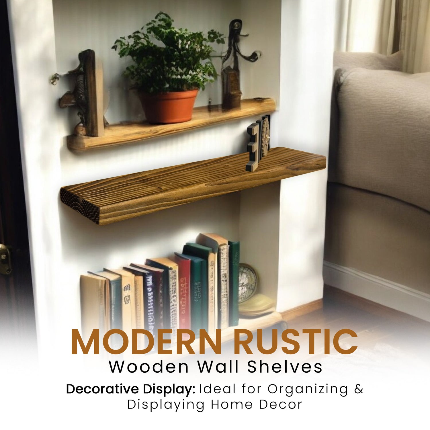 Set of 2 Rustic Shelves | Wall-Mounted Wooden Board With Floating Brackets, 22cm Depth