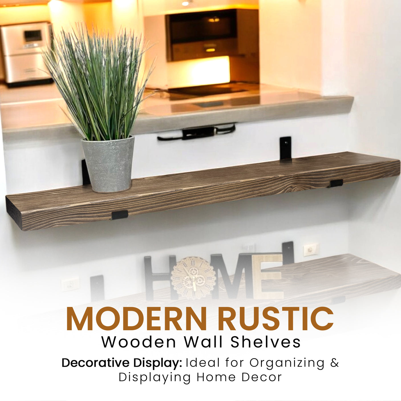 Rustic Shelf | Wall-Mounted Wooden Board With UP Brackets, 22cm Depth