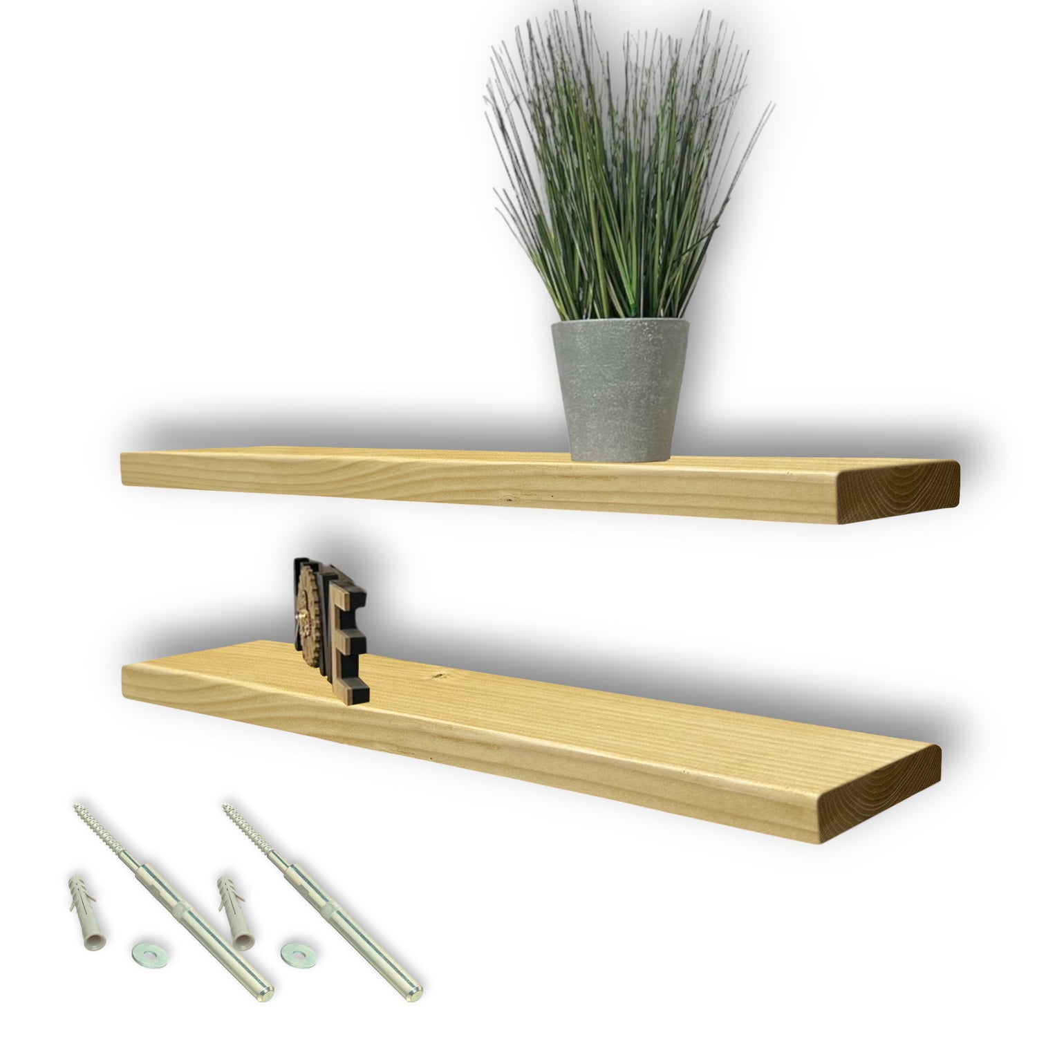Set of 2 Rustic Shelves | Wall-Mounted Wooden Board With Floating Brackets, 22cm Depth