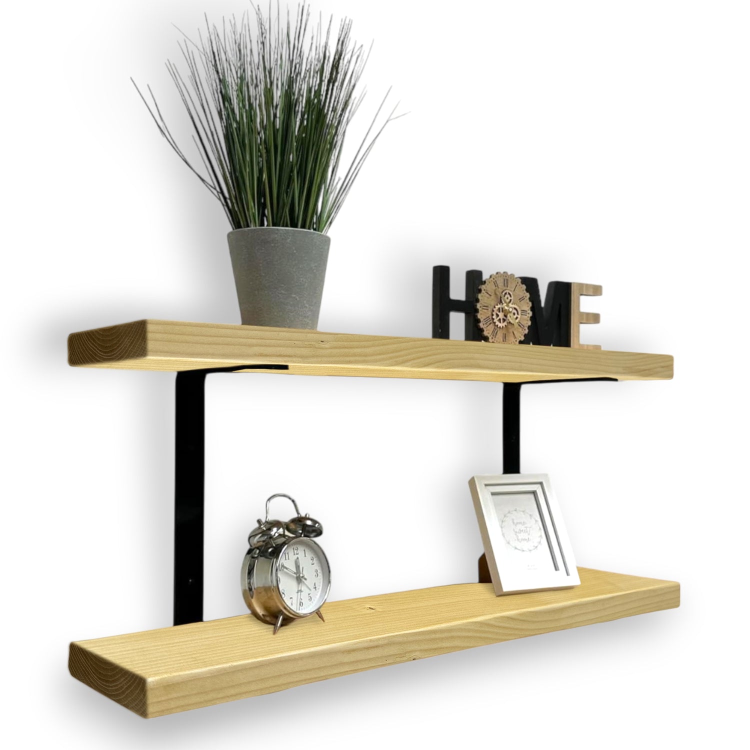 Set of 2 Rustic Shelves | Wall-Mounted Wooden Board With Double Brackets, 22cm Depth