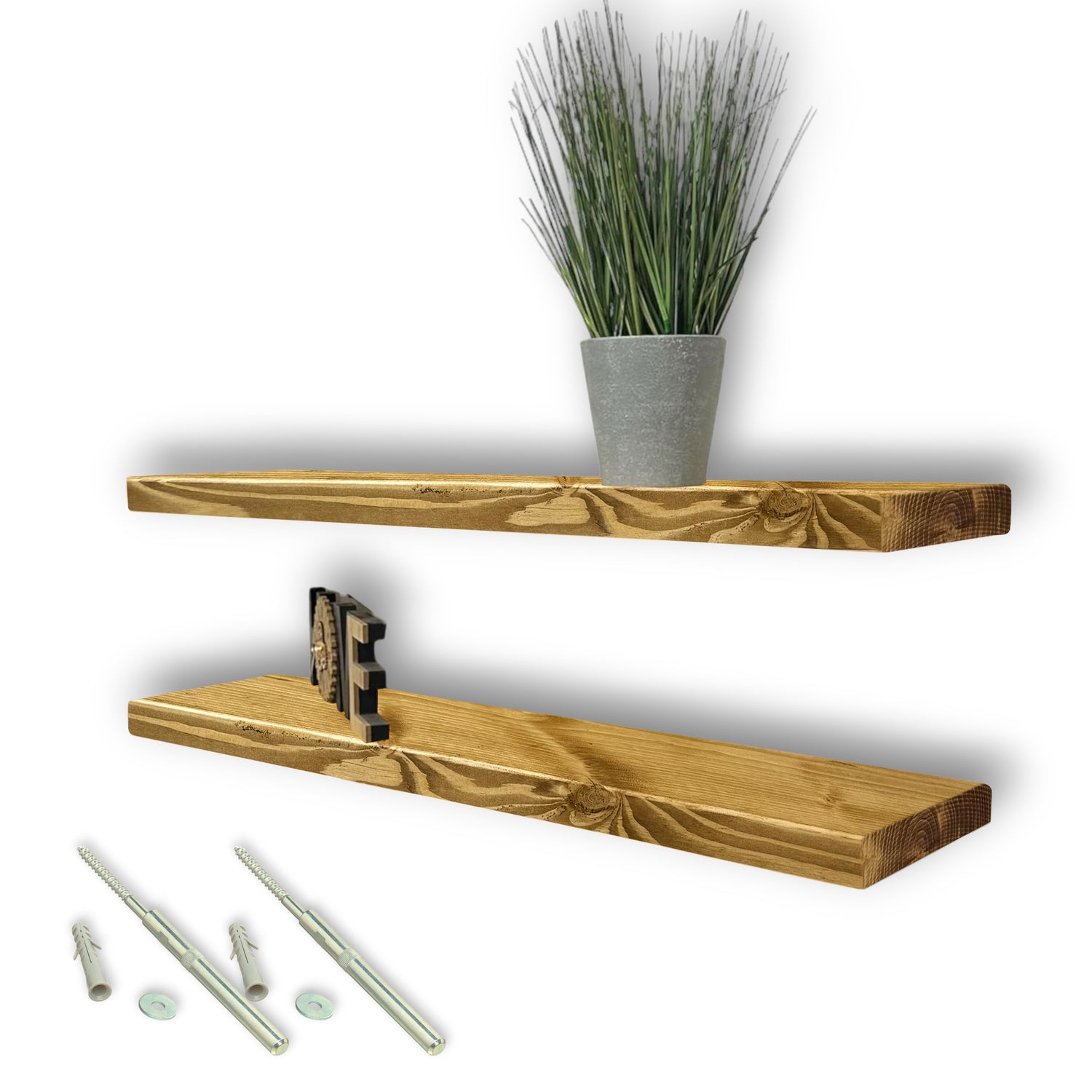 Set of 2 Rustic Shelves | Wall-Mounted Wooden Board With Floating Brackets, 22cm Depth