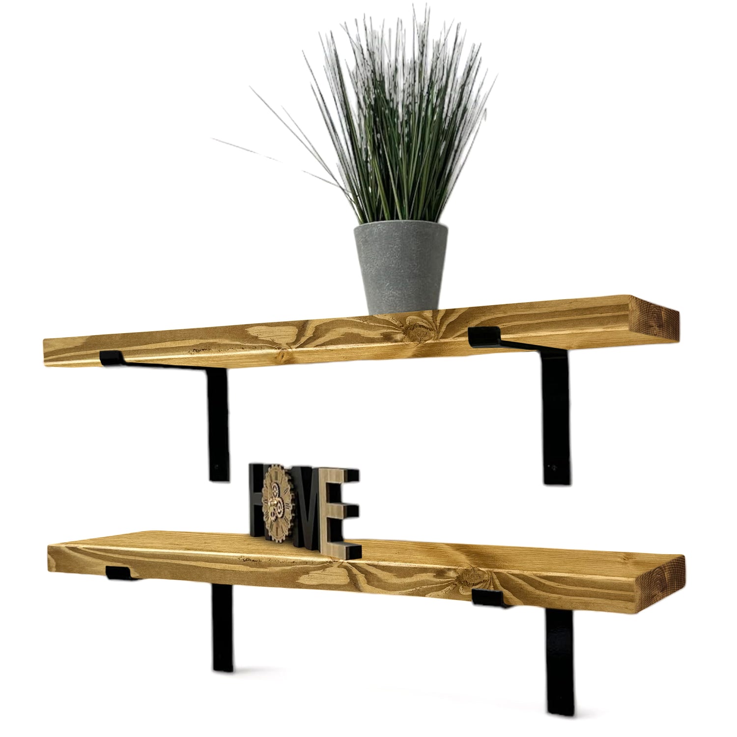 Set of 2 Rustic Shelves | Wall-Mounted Wooden Board With Lipped DOWN Brackets, 22cm Depth