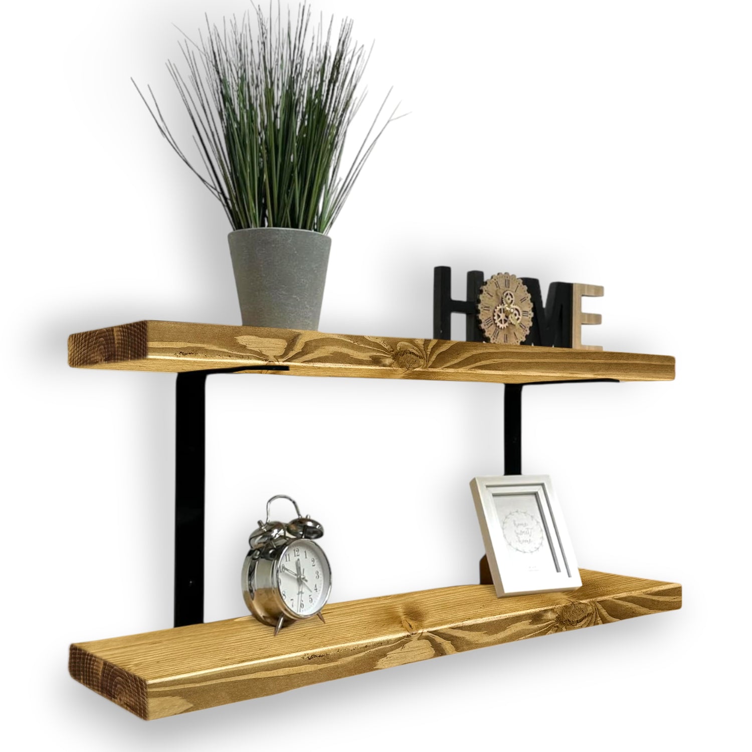 Set of 2 Rustic Shelves | Wall-Mounted Wooden Board With Double Brackets, 22cm Depth