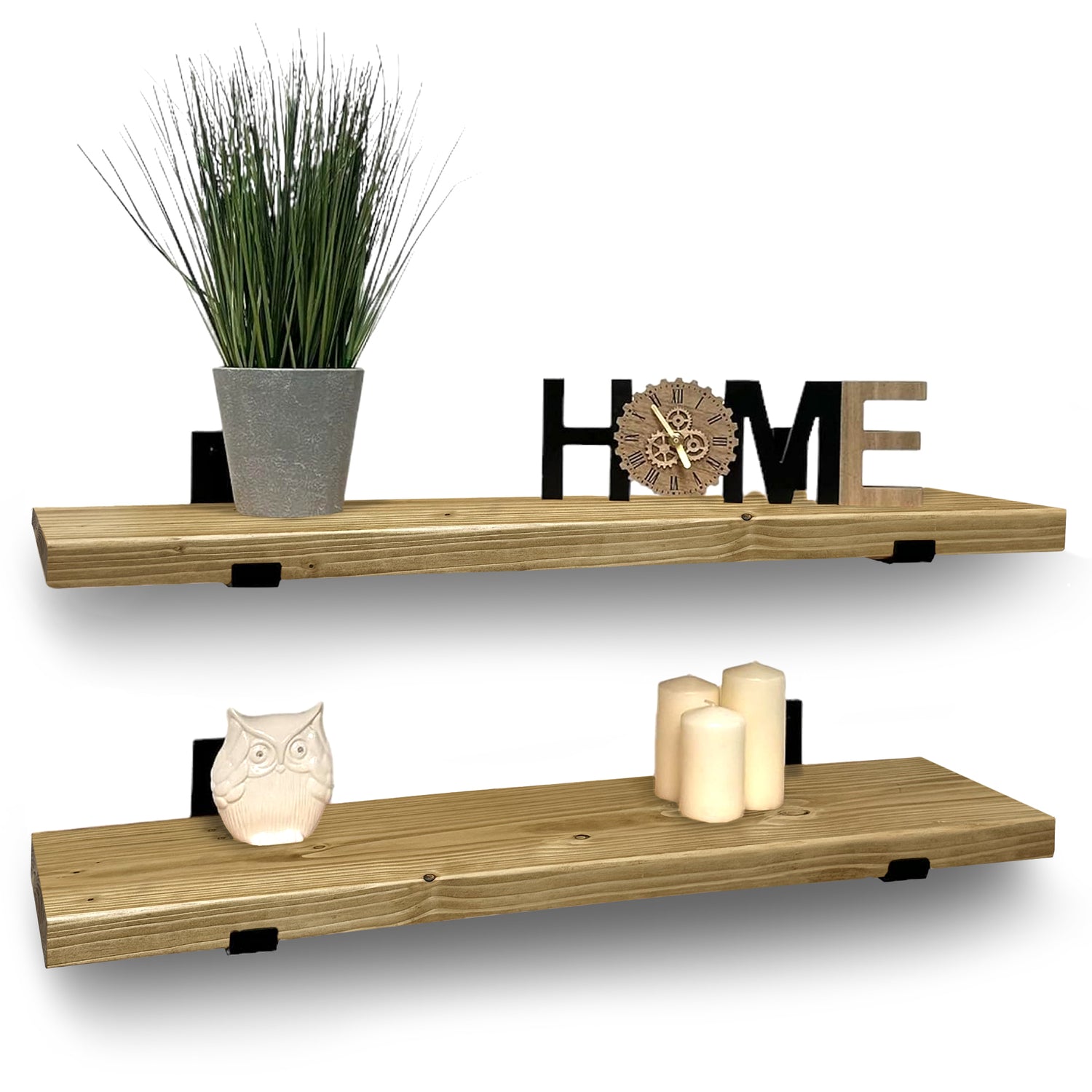 Set of 2 Rustic Shelves | Wall-Mounted Wooden Board With Lipped UP Brackets, 22cm Depth