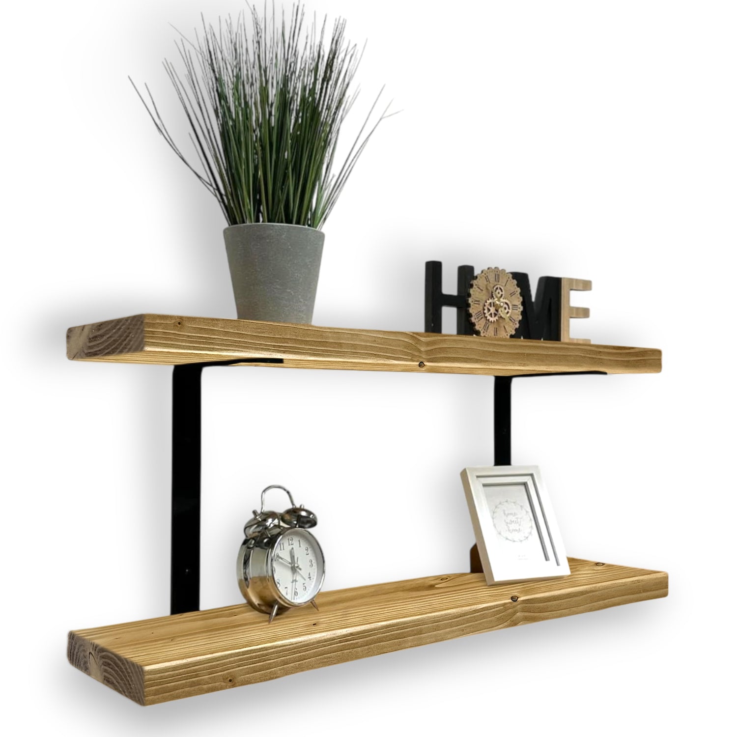 Set of 2 Rustic Shelves | Wall-Mounted Wooden Board With Double Brackets, 22cm Depth