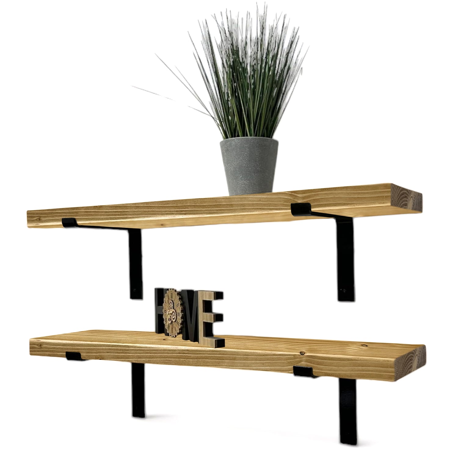 Set of 2 Rustic Shelves | Wall-Mounted Wooden Board With Lipped DOWN Brackets, 22cm Depth