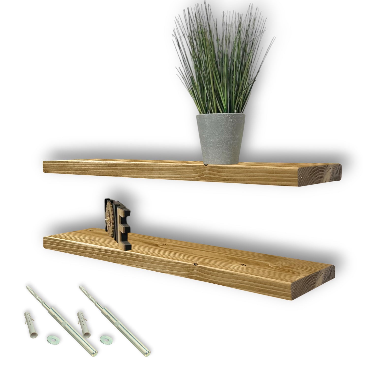 Set of 2 Rustic Shelves | Wall-Mounted Wooden Board With Floating Brackets, 22cm Depth