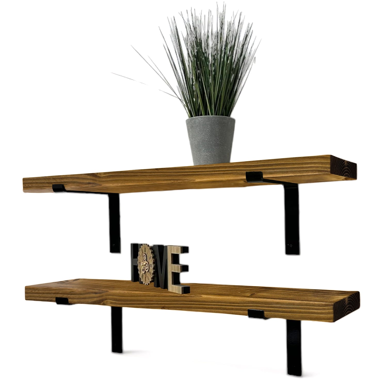 Set of 2 Rustic Shelves | Wall-Mounted Wooden Board With Lipped DOWN Brackets, 22cm Depth