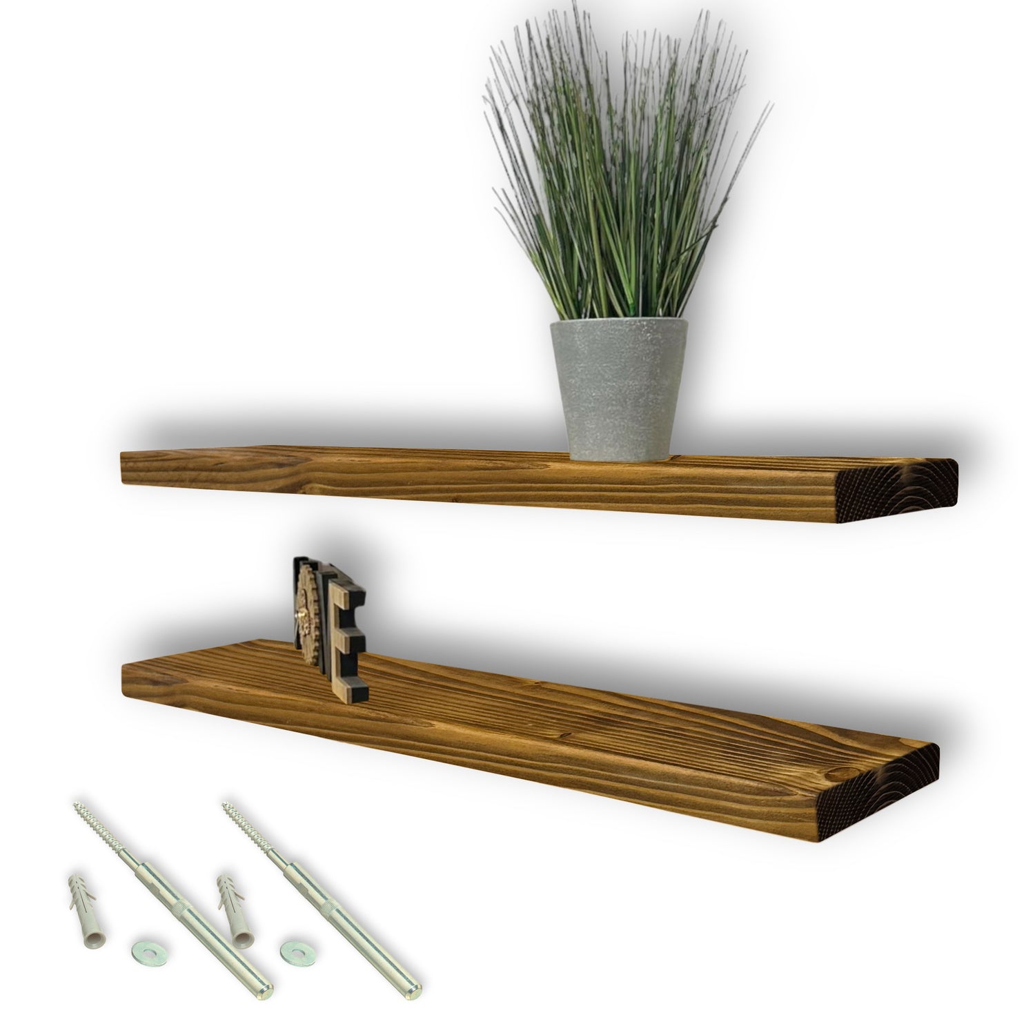 Set of 2 Rustic Shelves | Wall-Mounted Wooden Board With Floating Brackets, 22cm Depth