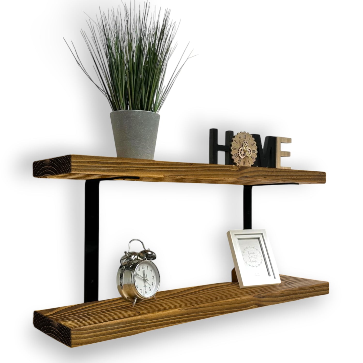 Set of 2 Rustic Shelves | Wall-Mounted Wooden Board With Double Brackets, 22cm Depth
