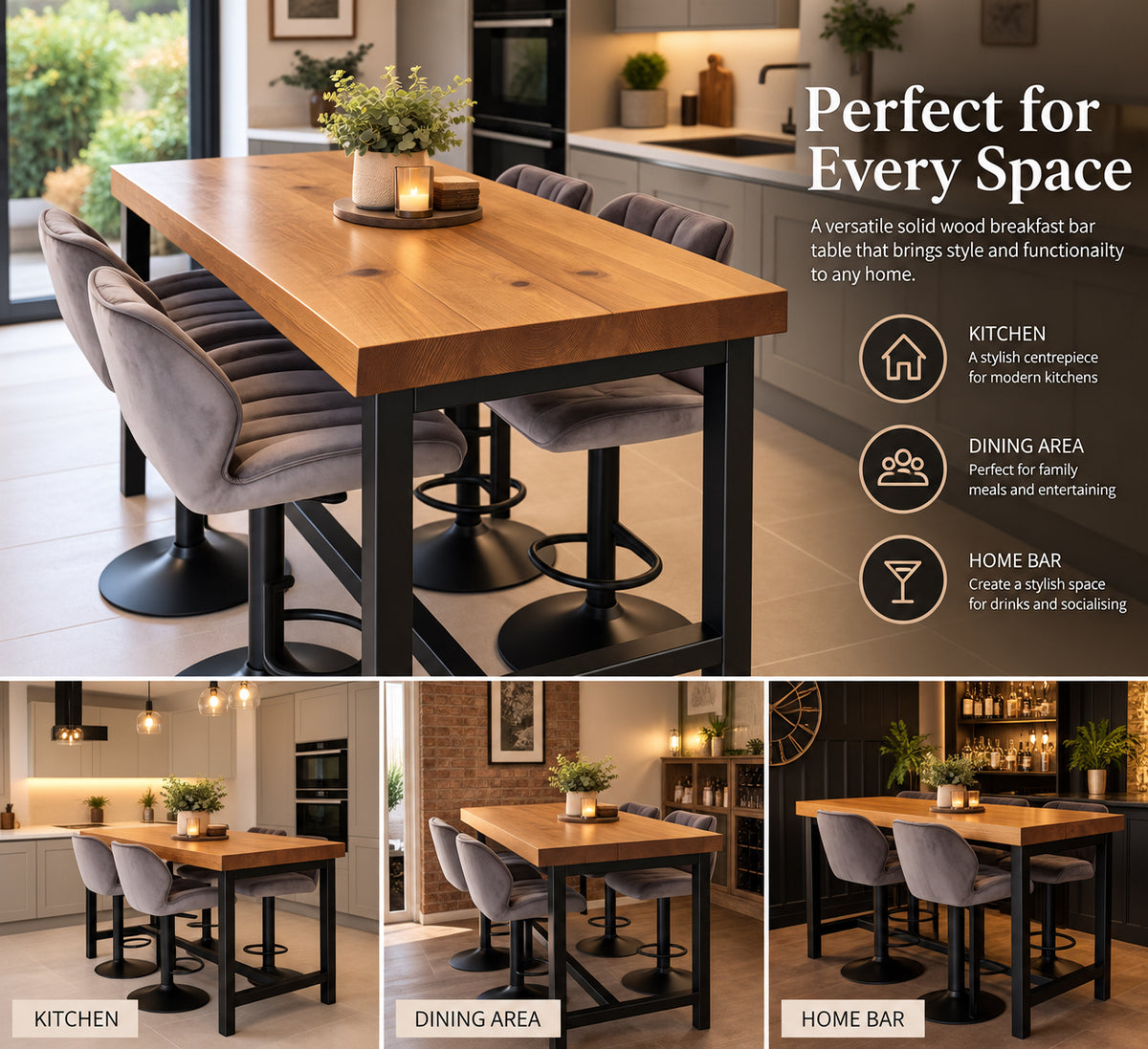 BS12 Signature Solid Wood Breakfast Bar Table – 70mm Thick Top, Heavy-Duty Steel Frame, Handcrafted in Yorkshire