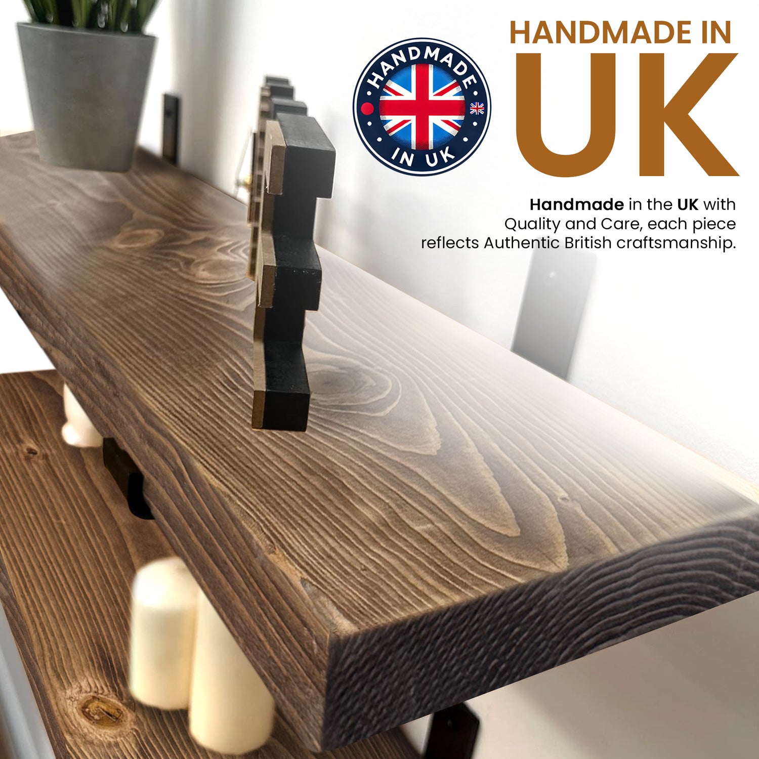 Set of 2 Rustic Shelves | Wall-Mounted Wooden Board With Lipped UP Brackets, 22cm Depth