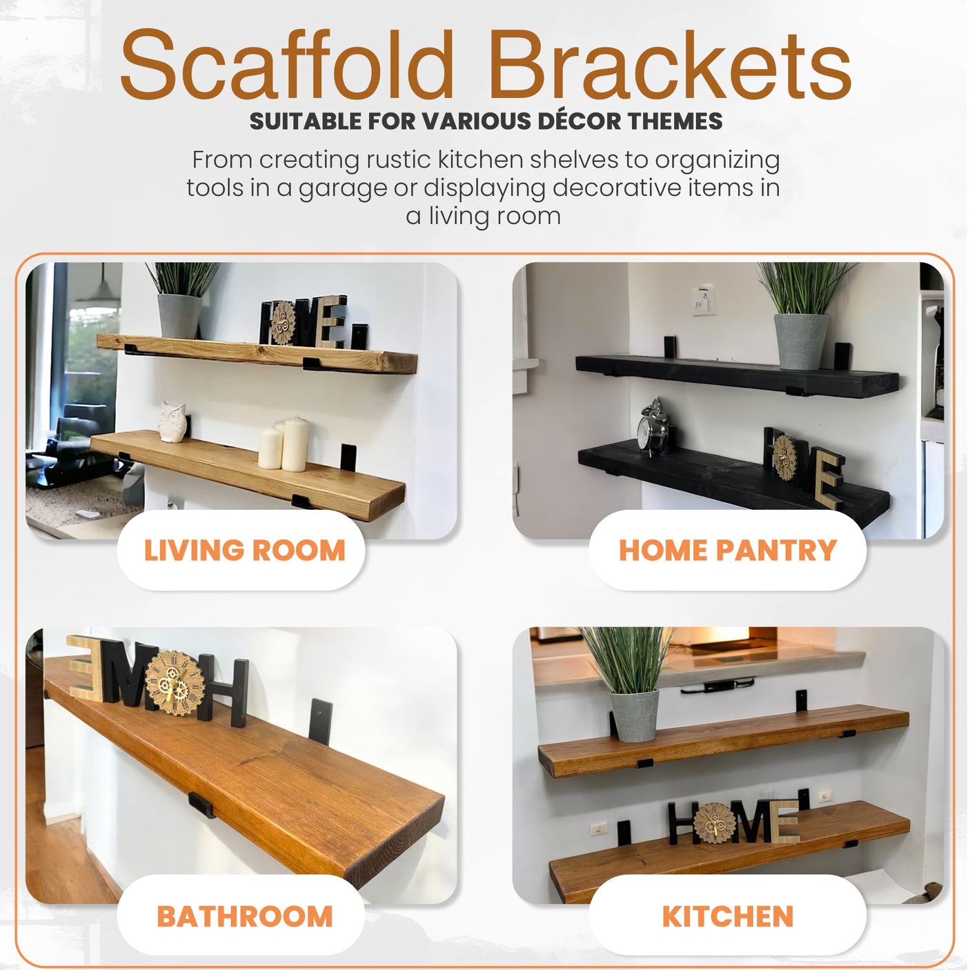 Scaffold Board Shelf Brackets, Rustic Wall Bracket Medium Duty Industrial Support (225mm UP)