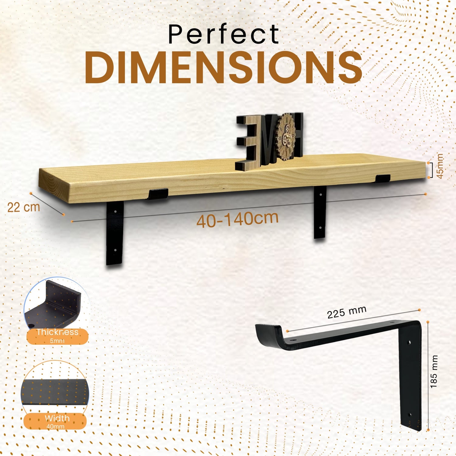 Rustic Shelf | Wall-Mounted Wooden Board With DOWN Brackets, 22cm Depth