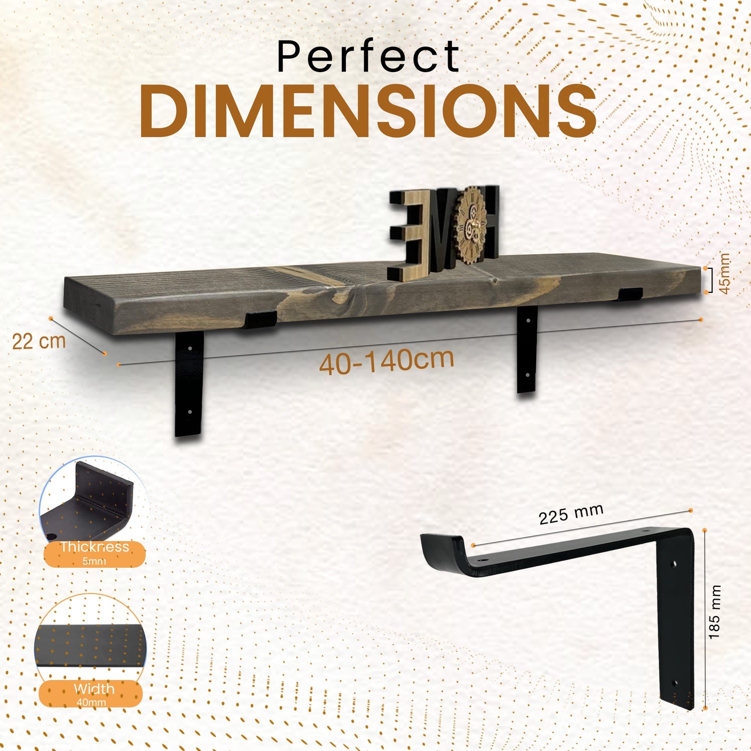 Rustic Shelf | Wall-Mounted Wooden Board With DOWN Brackets, 22cm Depth