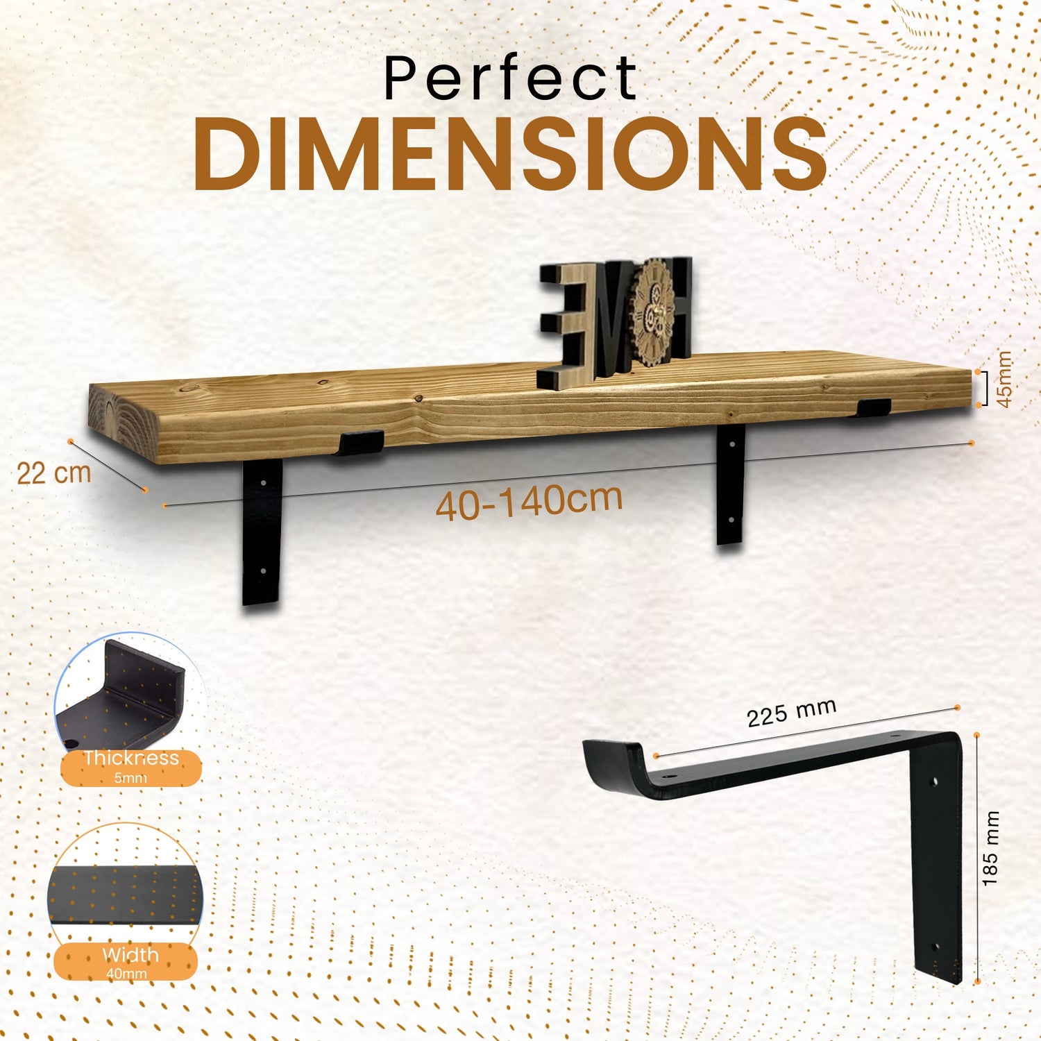 Rustic Shelf | Wall-Mounted Wooden Board With DOWN Brackets, 22cm Depth