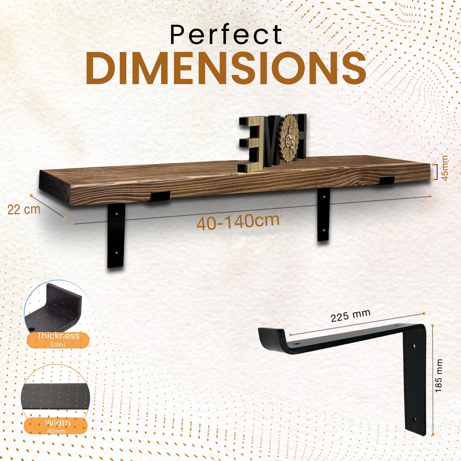 Rustic Shelf | Wall-Mounted Wooden Board With DOWN Brackets, 22cm Depth