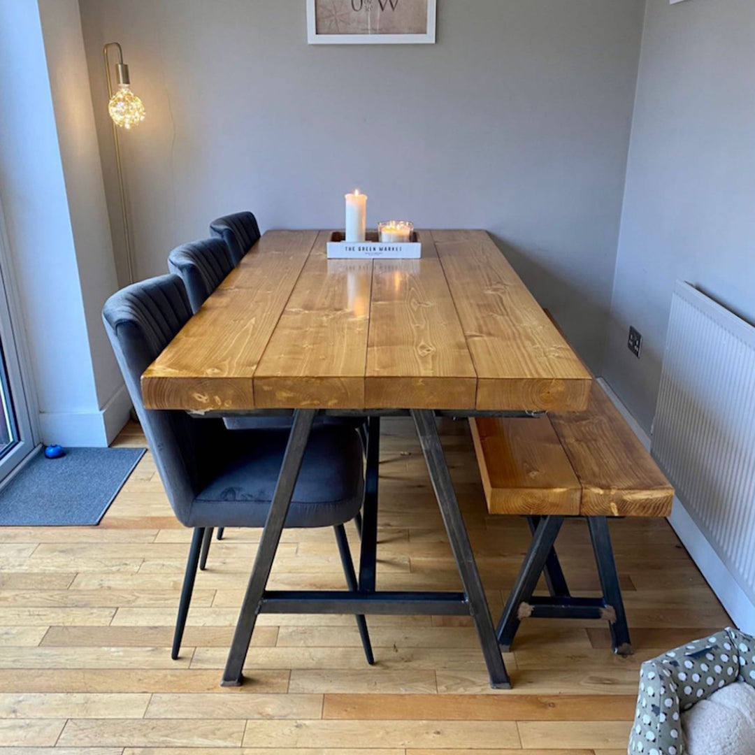 Industrial Dining Table/Bench With A Shape Frame 610 Seater Chic Wood