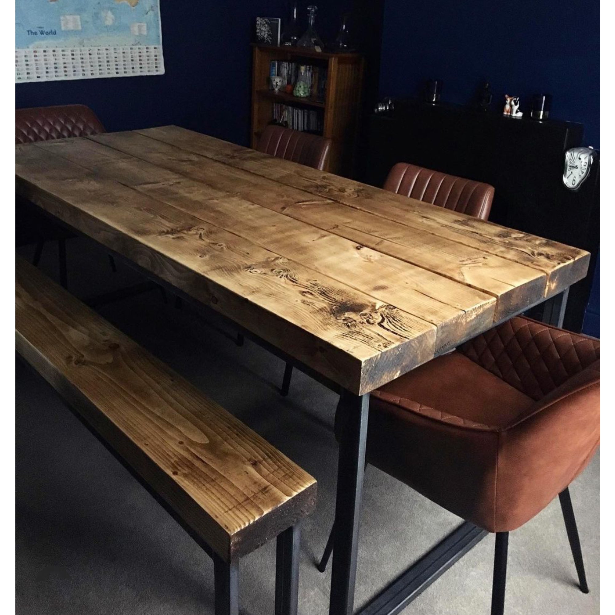 Steel Rustic Table Rustic Dining Table Industrial Style 65mm Solid Wood & Steel Legs | Ch ...