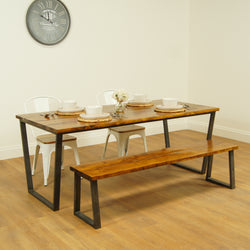 Table à manger avec cadre trapèze, style industriel rustique, pattes en bois et en acier | Chunky récupéré TAB19