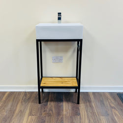 Mesa de lavabo de lavabo de baño industrial recuperada - Bar Café Oficina Acero Madera maciza Metal Hecho a mano Rústico WS001